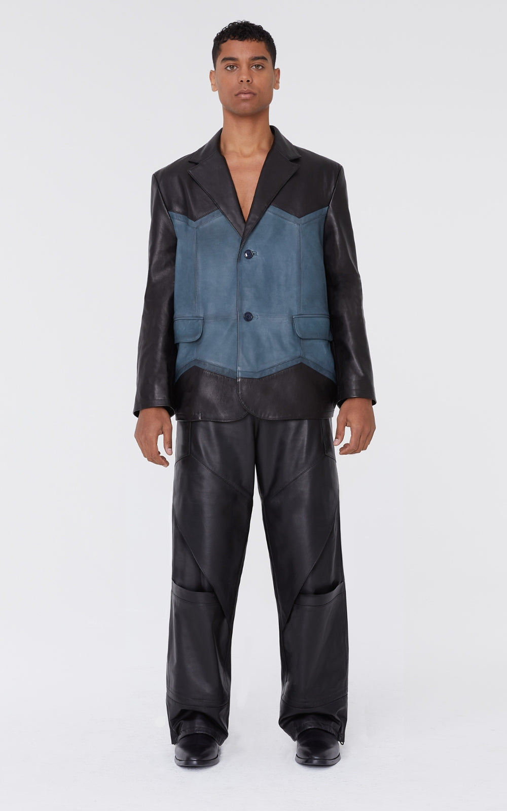 Leather Blazer In Blue & Black