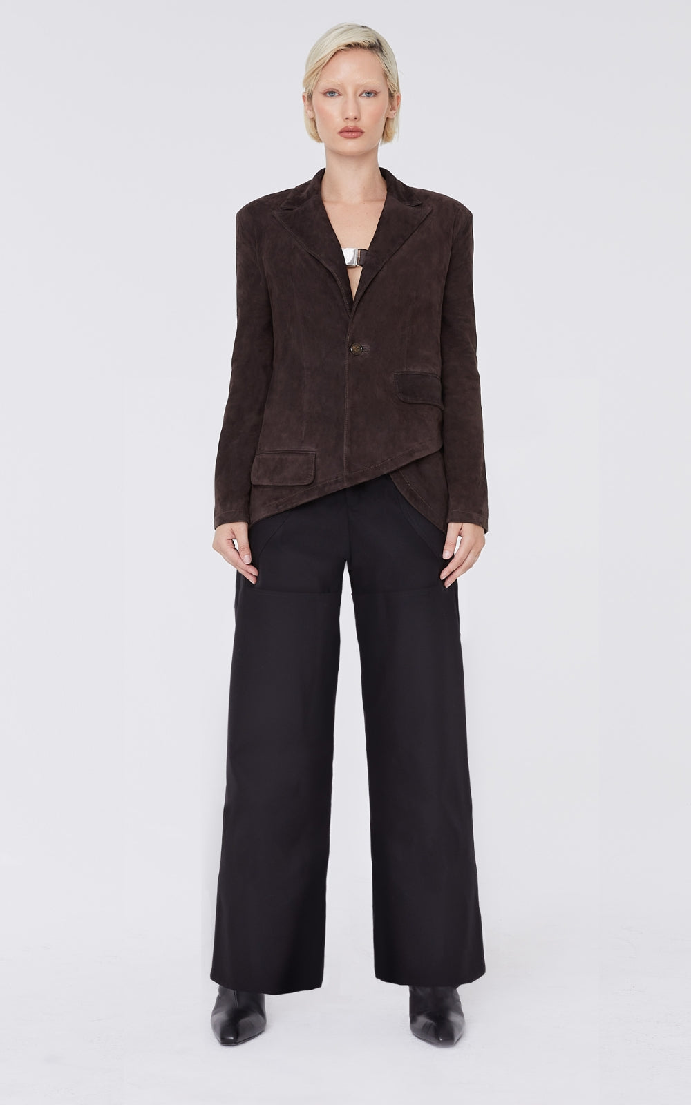 Asymmetrical Suede Blazer In Brown