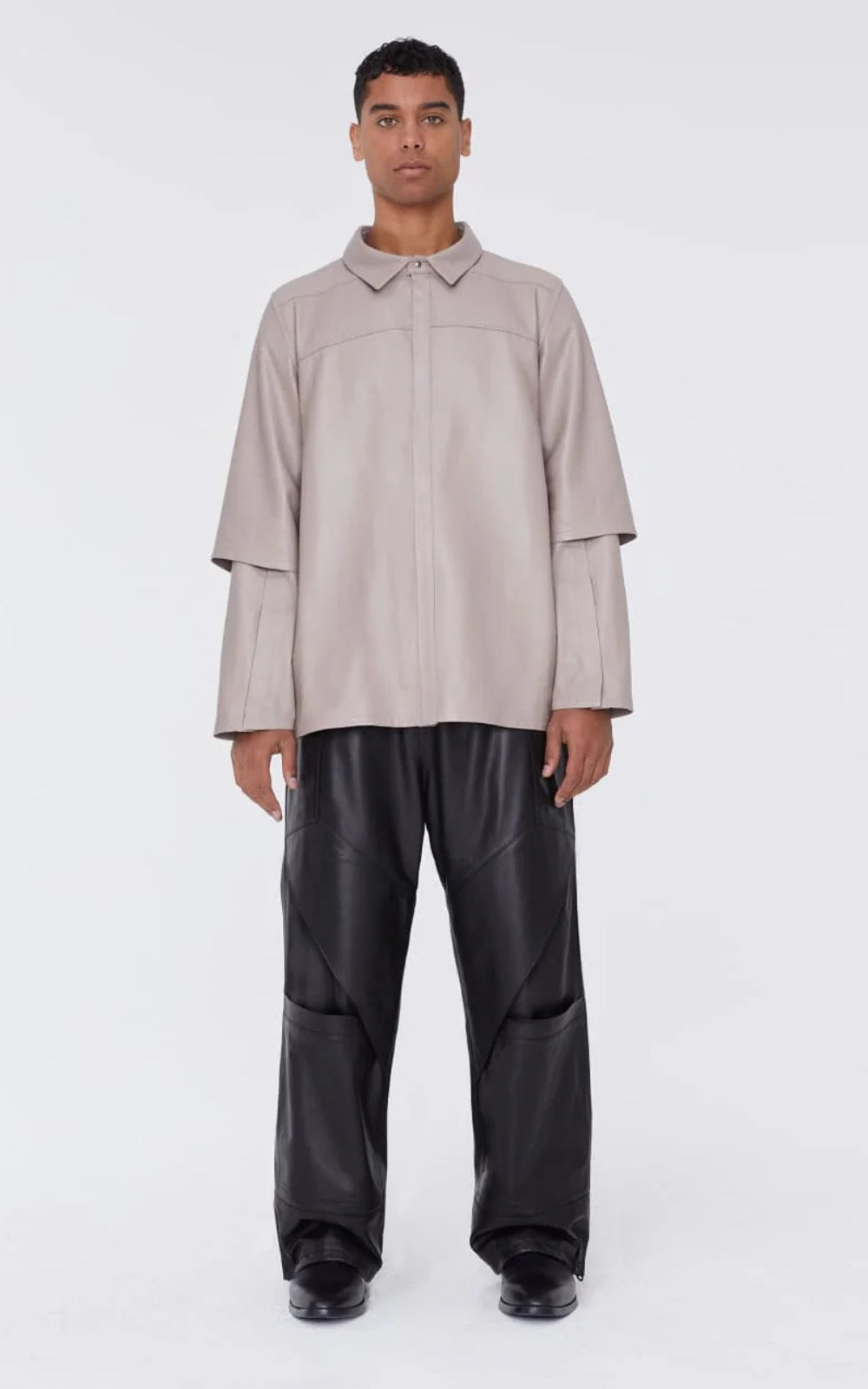 Layered Leather Shirt In Beige