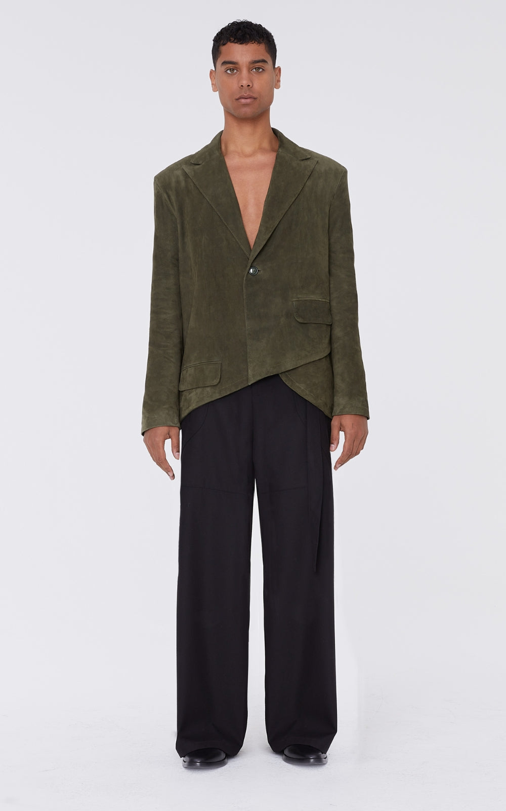 Asymmetrical Suede Blazer In Olive