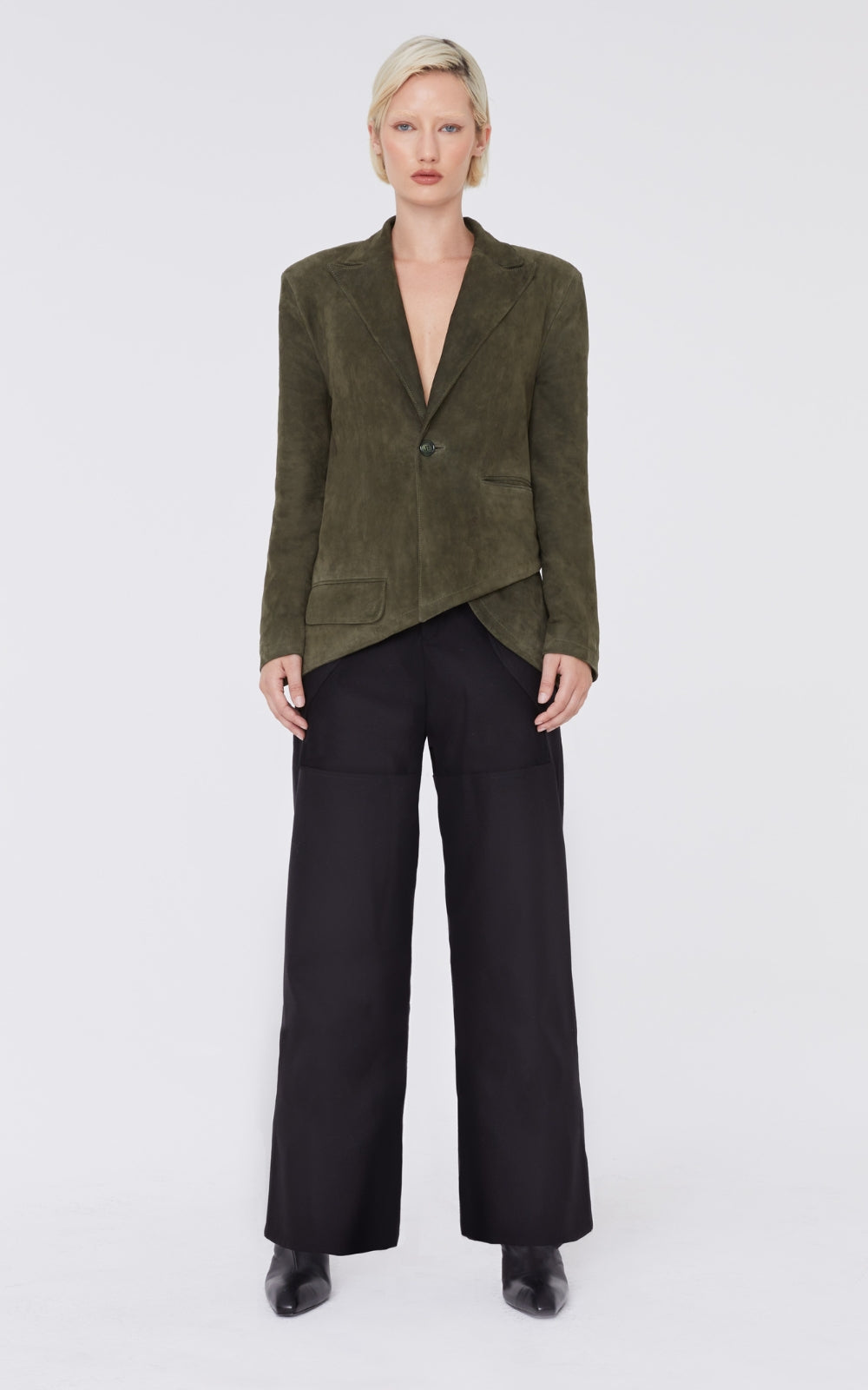 Asymmetrical Suede Blazer In Olive