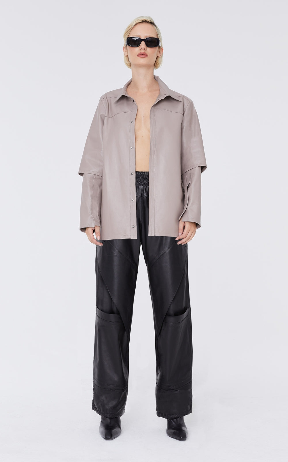 Layered Leather Shirt In Beige