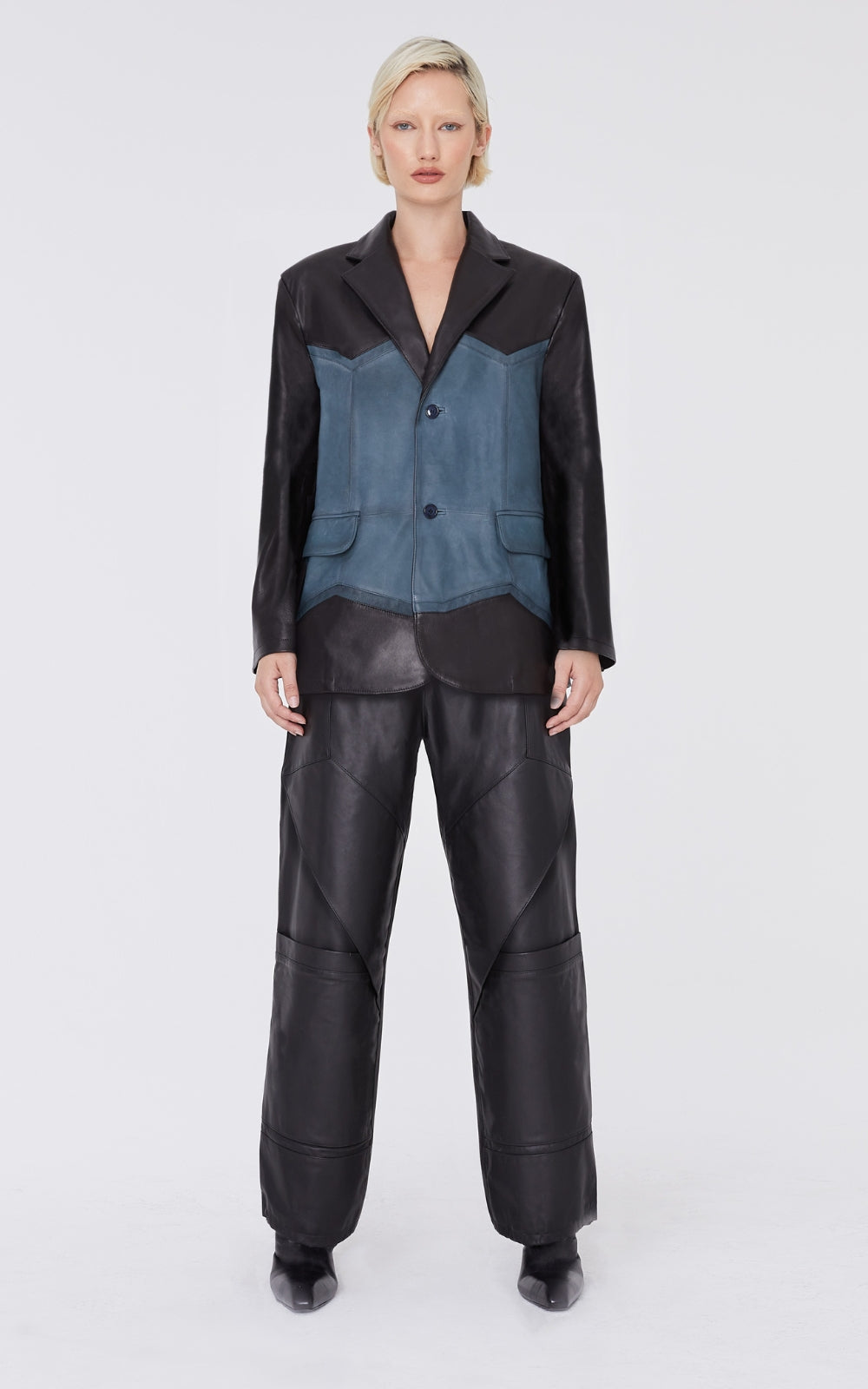 Leather Blazer In Blue & Black