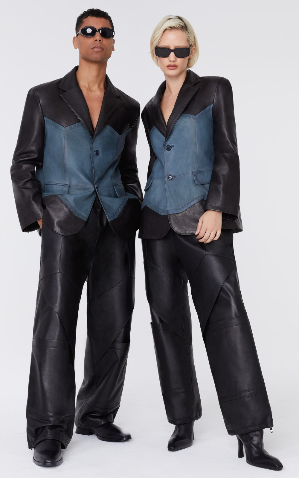 Leather Blazer In Blue & Black