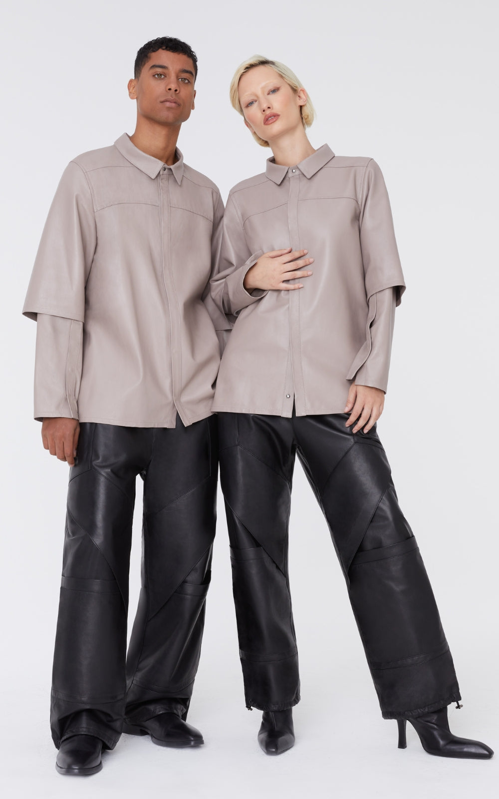 Layered Leather Shirt In Beige
