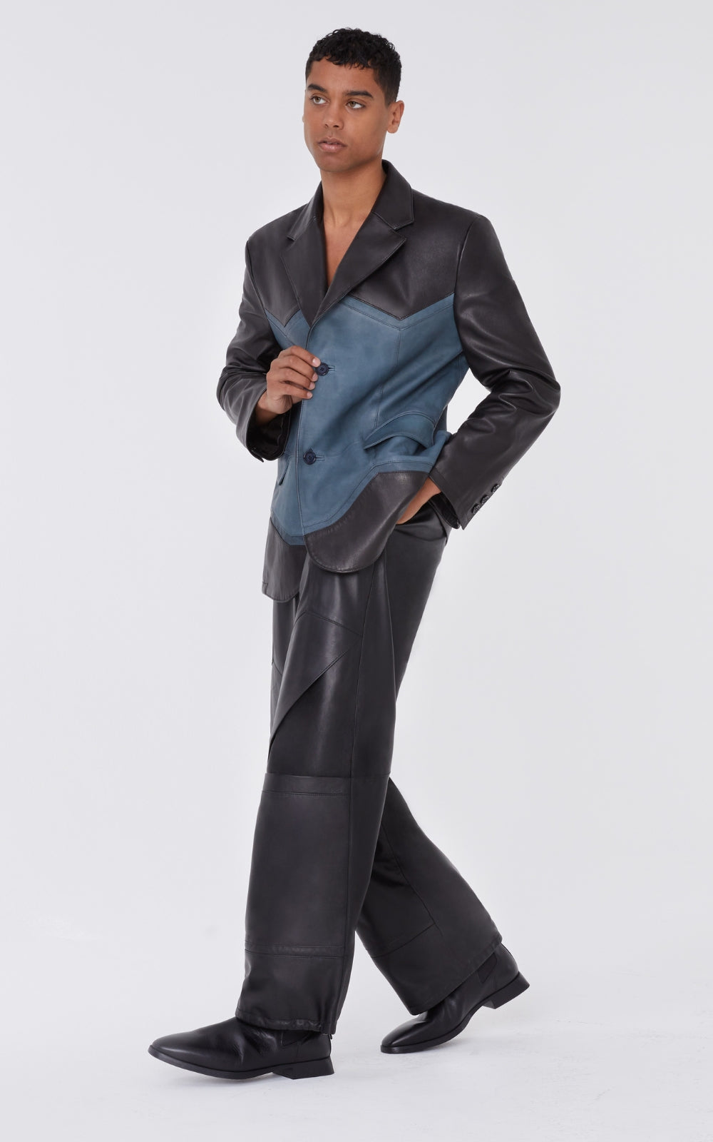 Leather Blazer In Blue & Black