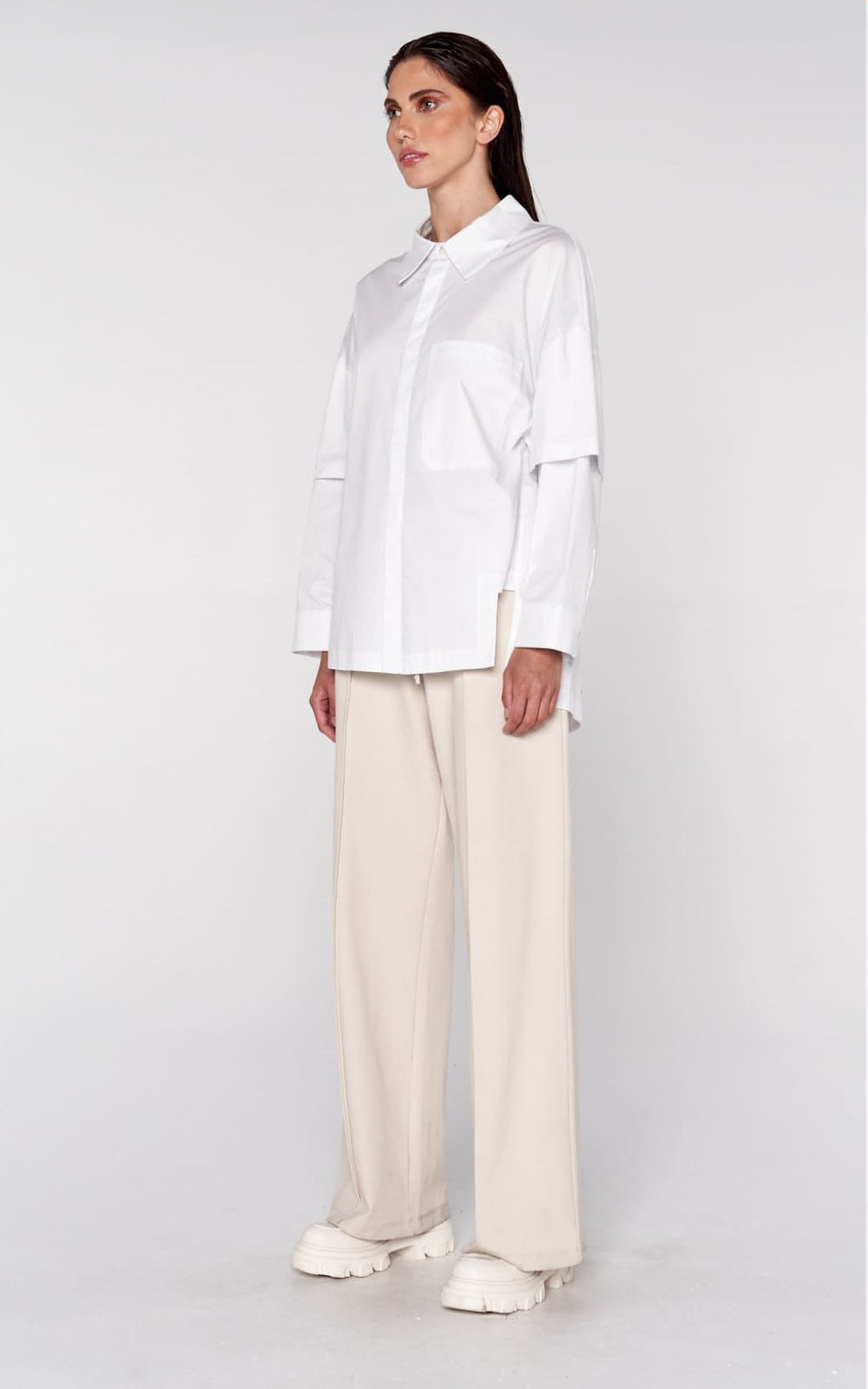 Layered Sleeve Poplin Shirt in White
