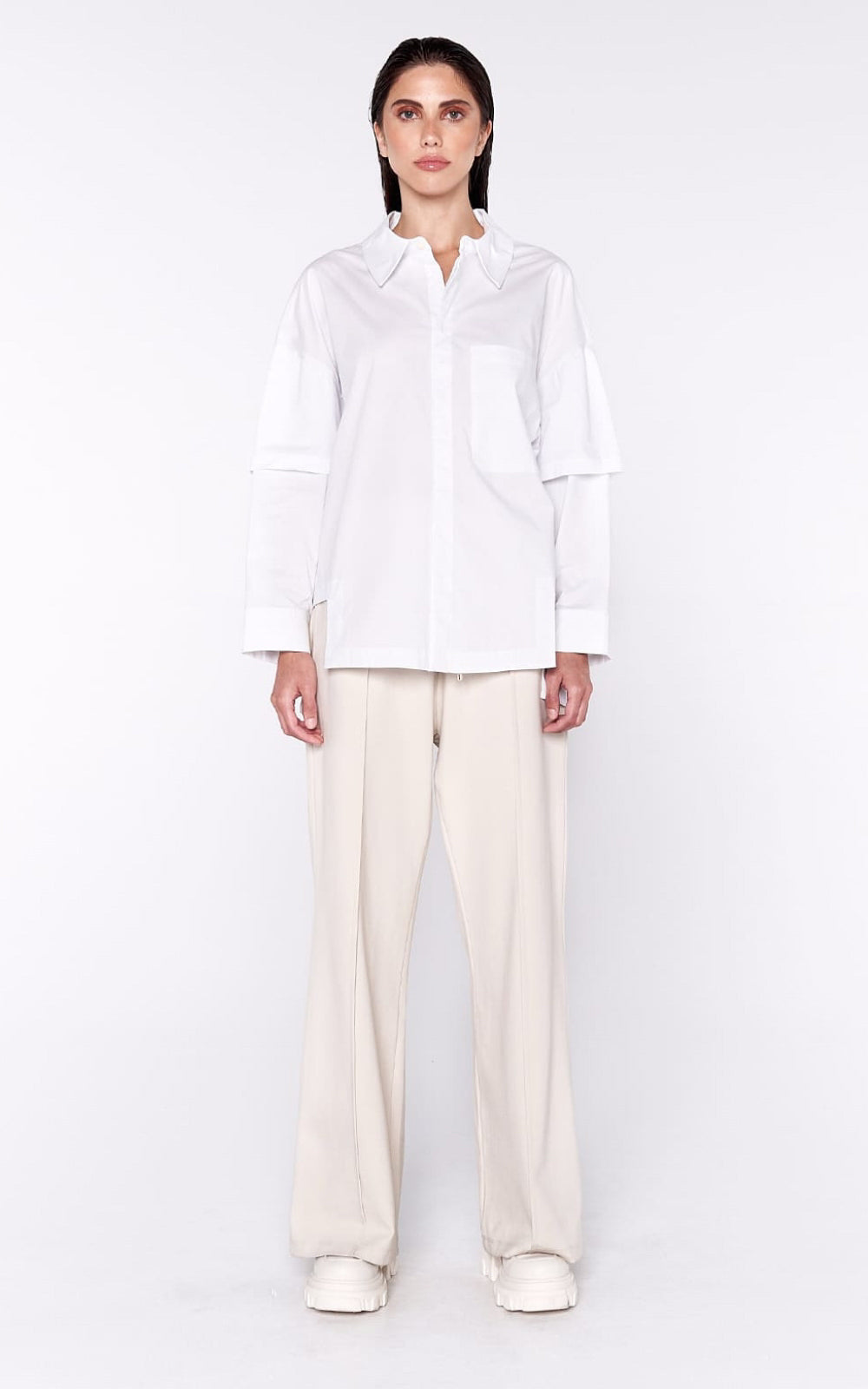 Layered Sleeve Poplin Shirt in White XXS / White