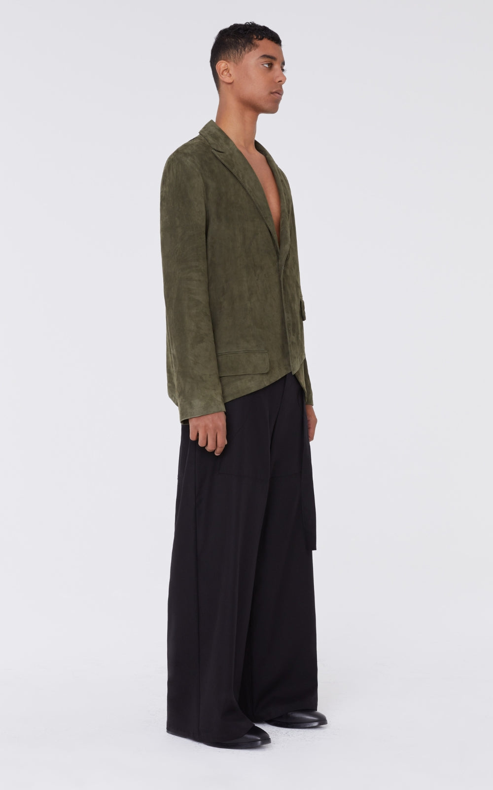 Asymmetrical Suede Blazer In Olive