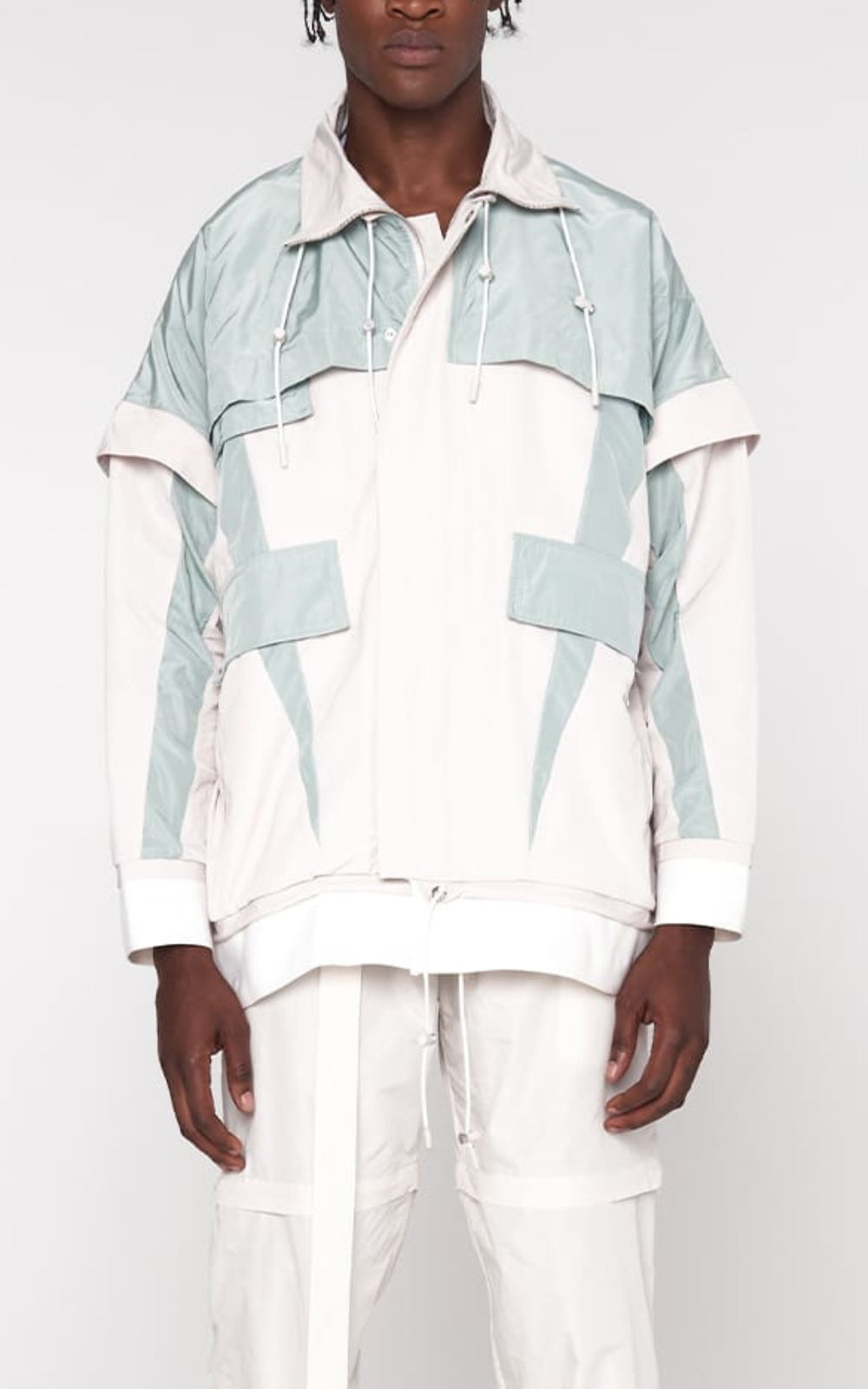 m*様 DEFORM DOCKING NYLON JACKET Ivory Convertible Nylon Jacket in Ivory / Mint